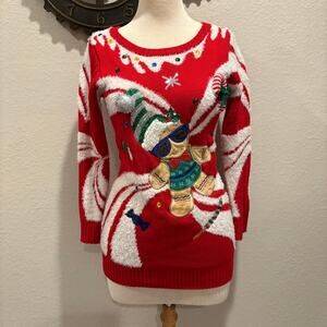 33 DEGREES X-Mas Tunic Sweater Red Sz XS Candycane Elf Cool Snowman Dimensional